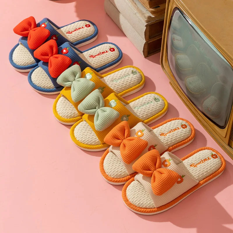 Ladies Summer Casual Linen Slippers Cartoon Multicolor Bow Girls Home Anti-Slip Slippers Simple Cute Slip-On Footwear