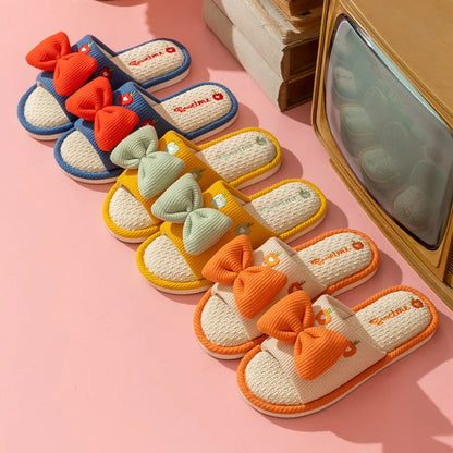 Ladies Summer Casual Linen Slippers Cartoon Multicolor Bow Girls Home Anti-Slip Slippers Simple Cute Slip-On Footwear