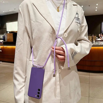 Crossbody Lanyard Soft Case For Samsung Galaxy S23 FE S25 Edge S26 S24 Ultra A17 A57 A37 A55 A56 A16 5G Liquid Silicone Cover