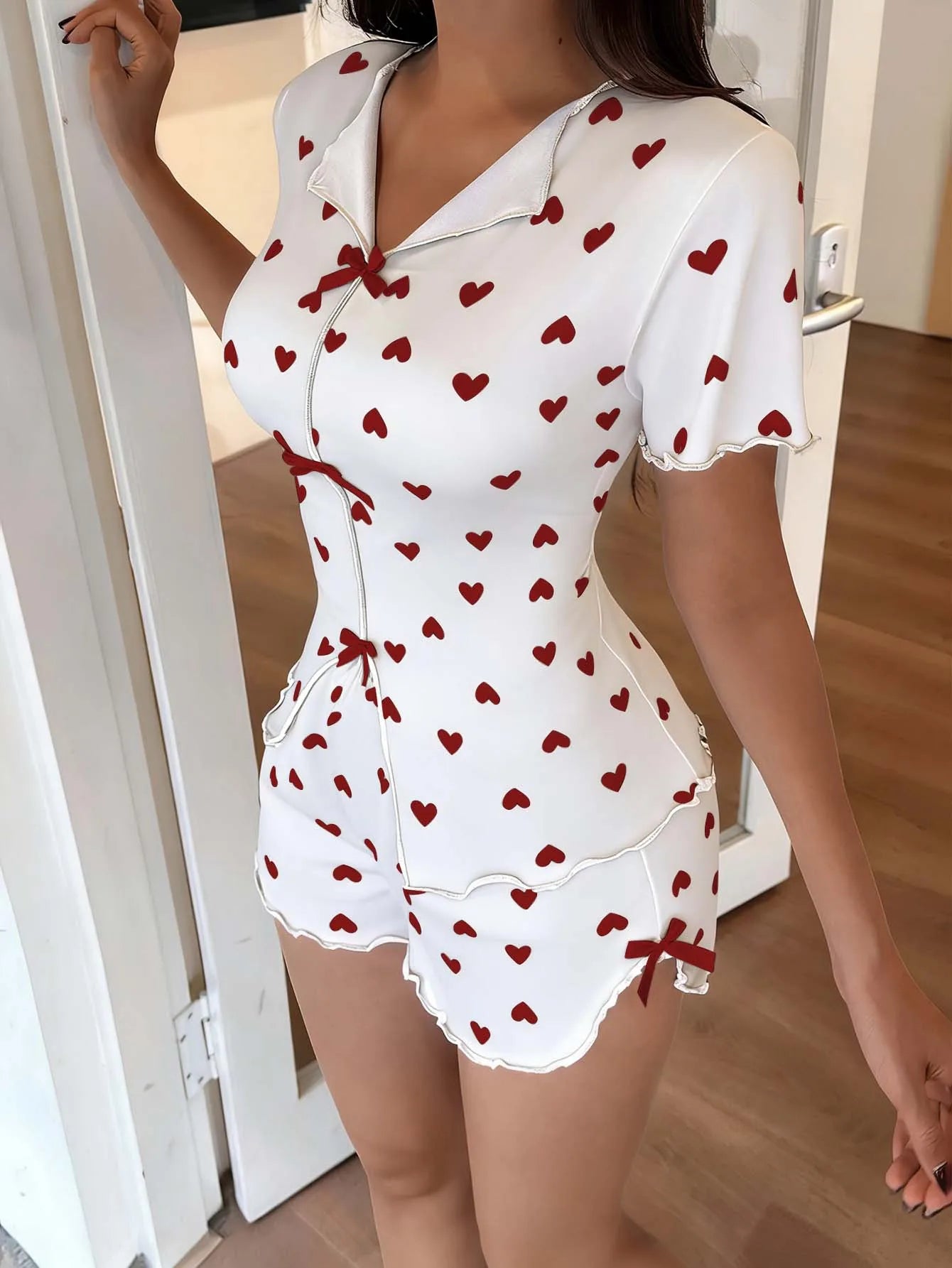 New Summer Women's Pajamas with Love Printed Collar, Short Sleeve Bow, Slim Fit, Comfortable and Soft Women's Home Clothes