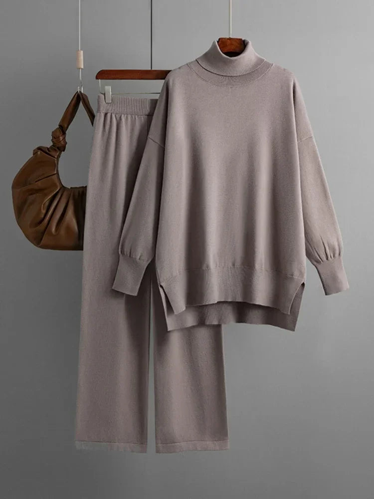 Women's Two Piece Set Autumn Winter High Collar Slit Knitted Sweater Pullover Fashion Casual Loose High Waist Pant Ensemble