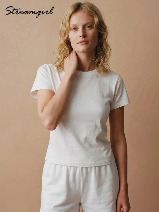 Basic T Shirts Women Cotton Slim Fit White Tops Summer Black Tees Crew Neck 100% Cotton T Shirt For Women Plain T-shirts Soft