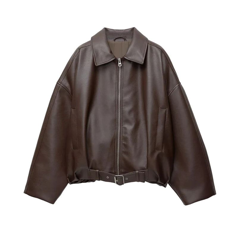 Vintage Leather Bomber Jacket – Women's PU Leather Zip Jacket With Belt & Patchwork Design