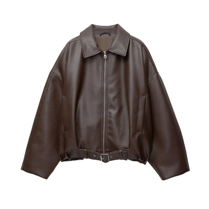 Vintage Leather Bomber Jacket – Women's PU Leather Zip Jacket With Belt & Patchwork Design