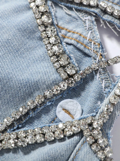 Women Low Waist Jeans Star Rhinestone Pants Cut Out Wide Leg Trousers Light Wash Distressed Denim Pants Street Woman Clothes