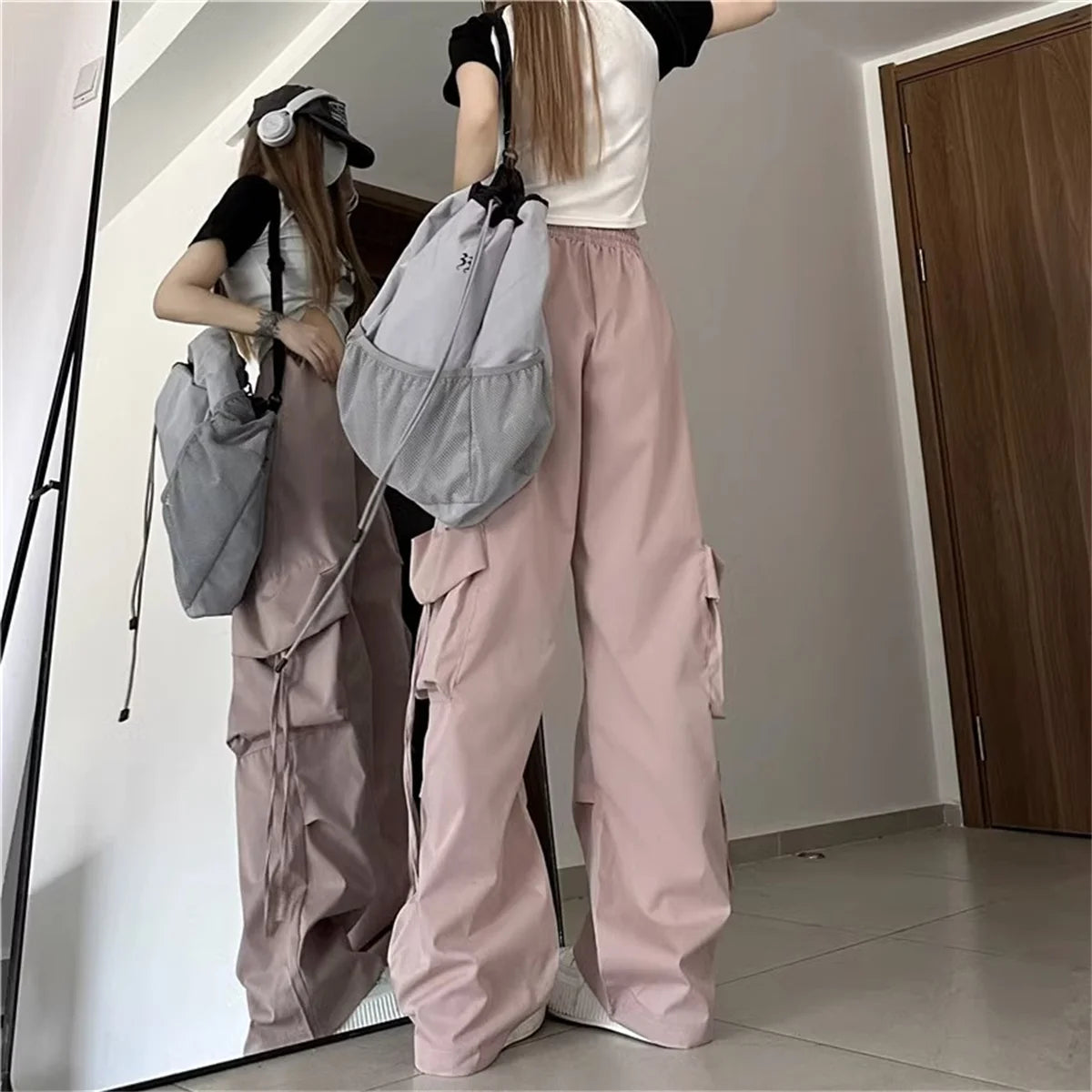 Plus Size Women Cargo Pants High Waist Solid Fashion Street Pant Vintage Drawstring Pocket Trousers Loose Casual Joggers Clothes