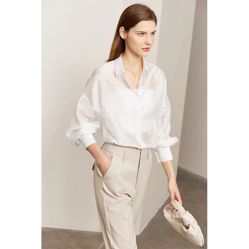 AMII Minimalist Blouse for Women 2023 Autumn Lantern Sleeve V-Neck Slightly Transparent Elegant Commuter Clothing Tops 72341030