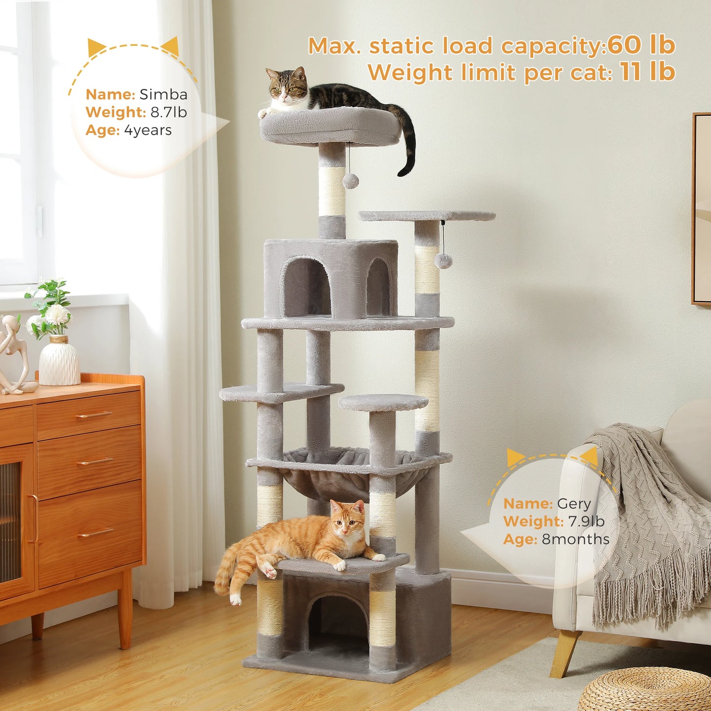 Large Cat Tree - Multi Level Indoor Cat Tower With Sisal Covered Posts & Spacious Condo
