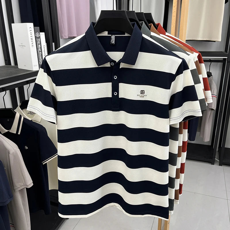 Men's Golf Polo Shirt with Collar, Short Sleeves and Wide Stripes – Breathable Summer Casual Business T-shirt