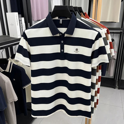 Men's Golf Polo Shirt with Collar, Short Sleeves and Wide Stripes – Breathable Summer Casual Business T-shirt