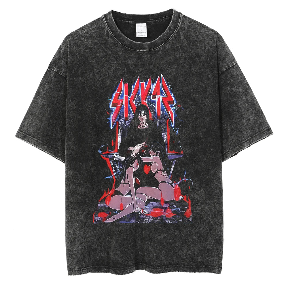 Men Streetwear Tshirt Japanese Anime Naruto Graphic T-Shirt Cotton 2026 Harajuku Washed T Shirt Summer Hip Hop Tops Tees Black
