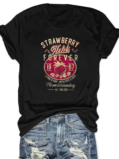 Harajuku Strawberry Fields Forever Letter Print Women T Shirt Short Sleeve Crew Neck Summer Casual Top for Women Clothes Shirts