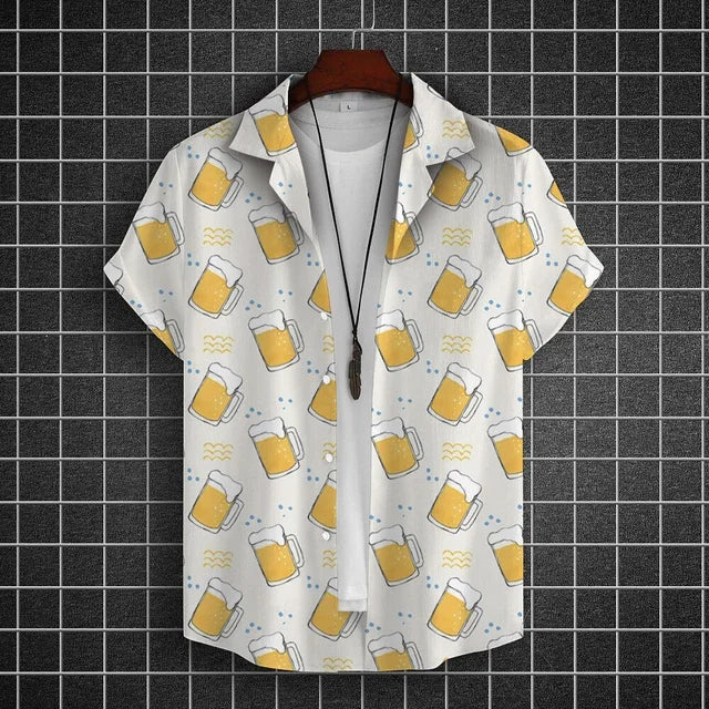 Hawaiian Shirt For Men 3d Beer Printed Short Sleeve Shirts Party Tees Summer Casual Tops Loose Oversized Clothing