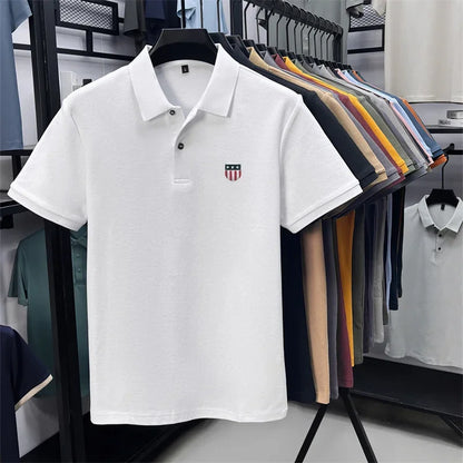 Men's Summer Luxury 100% Cotton Polo Shirt, Lapel Print Short Sleeve T-shirt, Breathable Business Casual Menswear