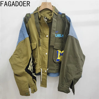 FAGADOER Retro Letter Printing Jacket Women Streetwear Green Cargo Pocket Denim Patchwork Fashion Coat Female Clothing 2025 New