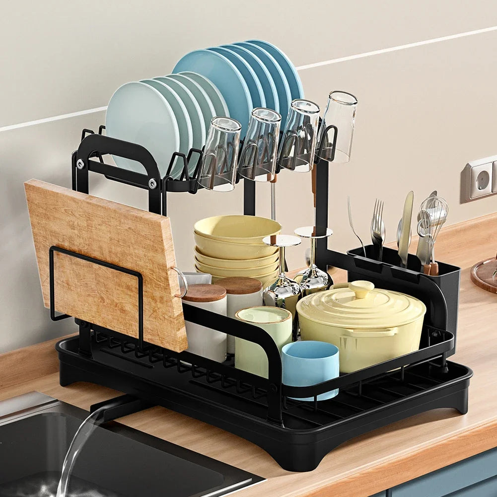 Dish Drying Rack - 2 Tier Kitchen Sink Organizer with Retractable Drain System