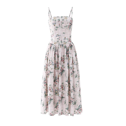 Summer Midi Dress - Women's Floral Print Elegant Camisole Fit and Flare Holiday Dress