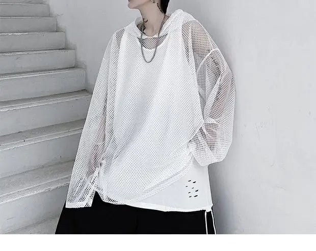 2024 Summer Dark Hollowed Out Mesh Hoodies T-shirt For Men Women Long Sleeves Loose Hooded Mesh Transparent Shirts
