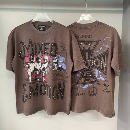 New MIXED-EMOTION Rhinestone cartoon printed pattern 100% cotton Men Women T-shirt Loose casual Shinning Diamond Tees Oversized Top