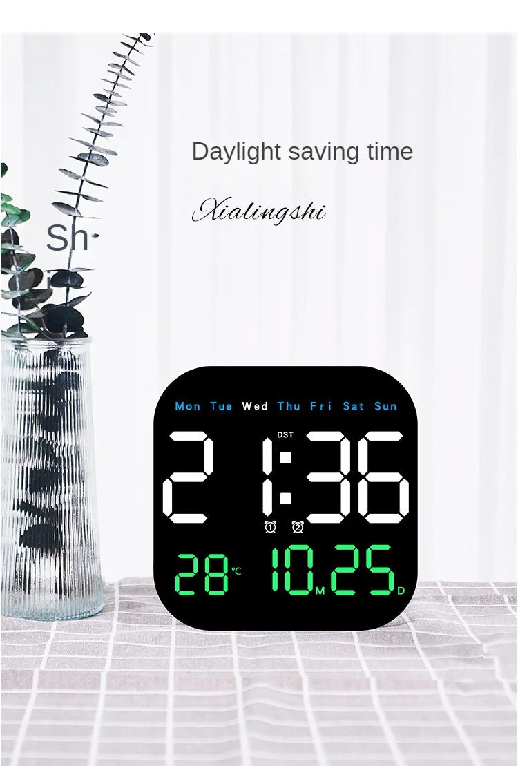 Digital Wall Clock with Temperature and Date - LED Alarm Clock 1224H Remote Control
