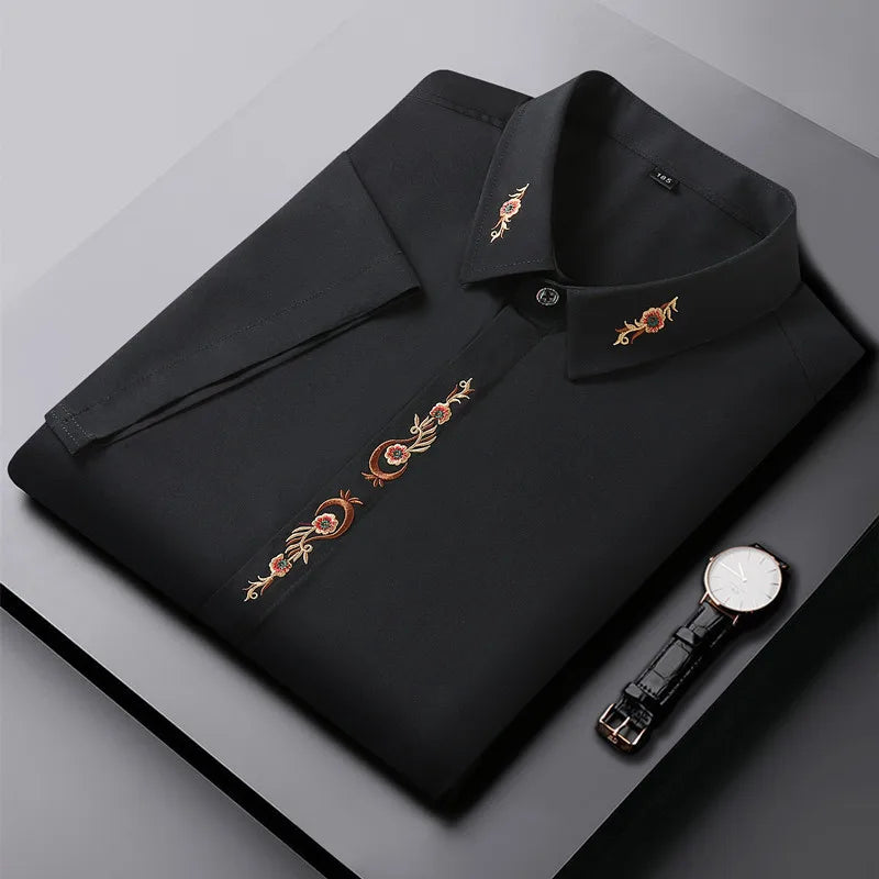 Upto 10XL Size Short Sleeve Embroidered Shirt Men's Casual Loose Oversized Black and White Short Sleeve Shirt Summer