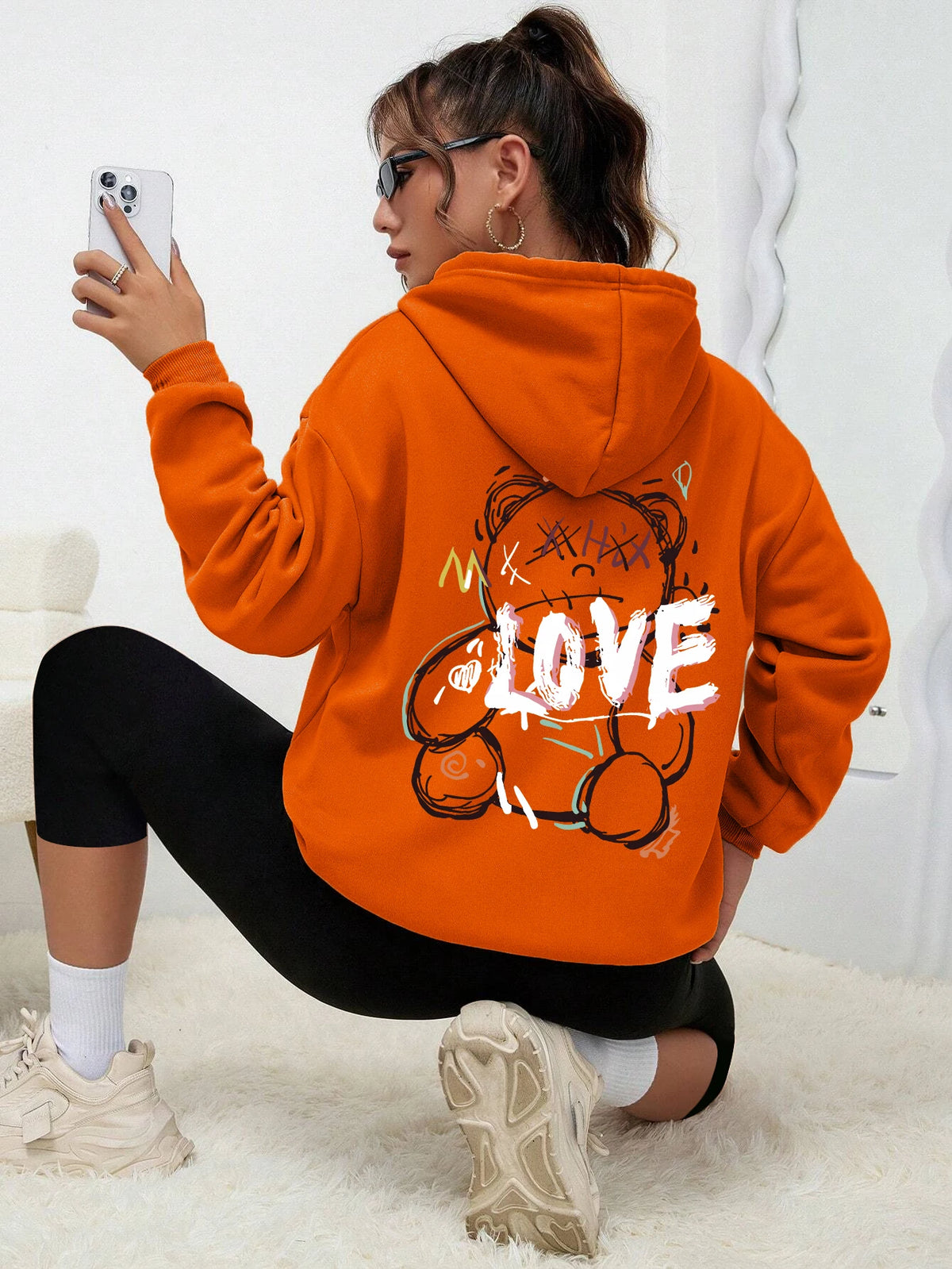 Graffiti Line Bear Simple Print Female Hoody Harajuku S-3xl Sweatshirt Fashion Casual Street Hooded Autumn Warm Streetwear Women