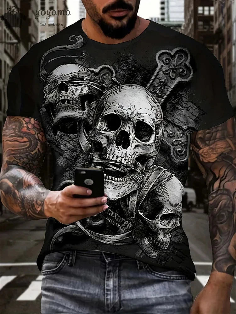 Mens Oversized 3D Skull Print T-Shirt - Summer Horror Fashion Tee - ZOOMNSTORE