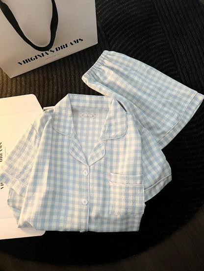 Ins Japanese-Style Minimalist Women's Pajamas Summer Bubble Cotton Cute Girl Loose Short-Sleeve Shorts Loose Summer Outfit Set