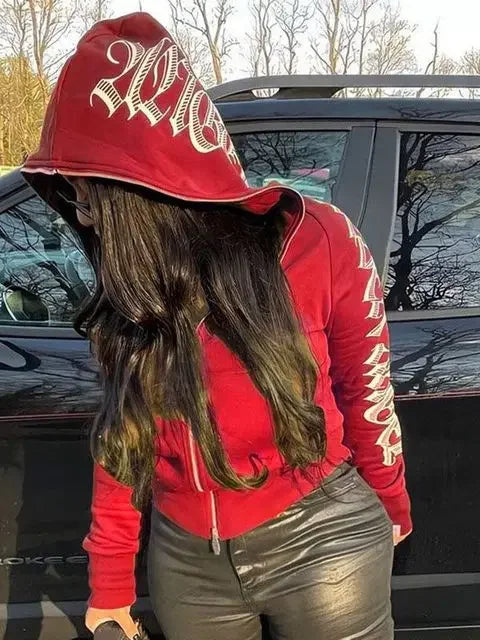 Women Crop Zip Hoodie Y2K Gothic Letter Big Hood Slim Sweatshirt Long Sleeve Cropped Jacket Street Club Daily Casual Outfit