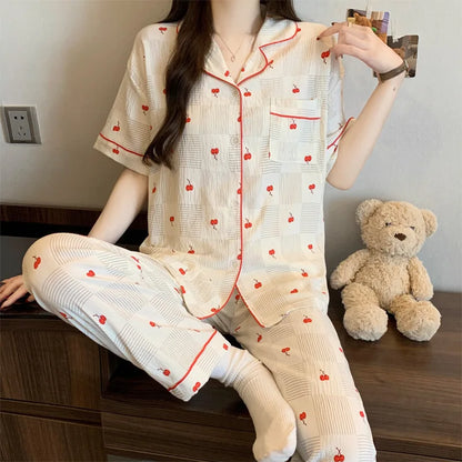 French-Style Sweet Bow Pajamas for Women: Summer Short-Sleeve Long-Pants Set with Cloud-Print, Soft and Cozy Cotton Loungewear