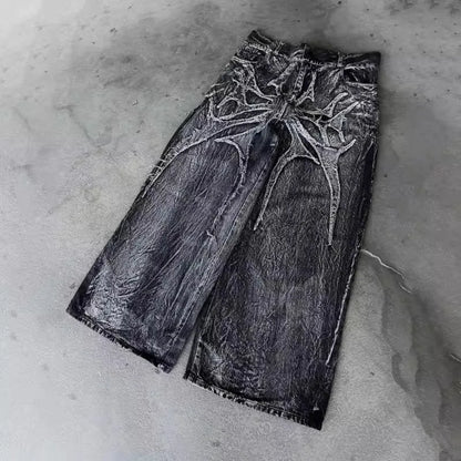Street New Edge Embroidery Black Baggy Jeans Wide Leg Denim Pants Mens Y2K Harajuku Retro Graphic Patch Jeans Hip Hop Gothic Raw