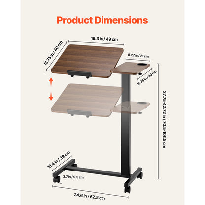 Adjustable Overbed Table – Mobile Bed Table with Swivel Caster Wheels & Tilt Angle