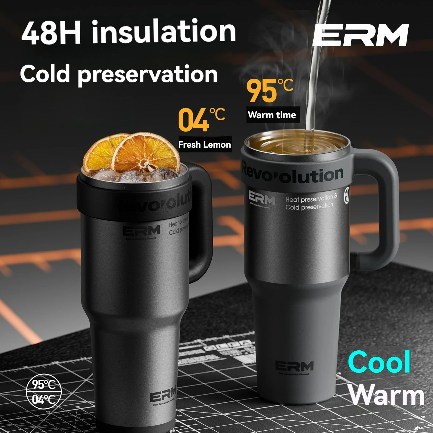 1200ML Extra Large Tumbler Ceramic Drinkware Stainless Steel Water Bottle Insulated Vacuum Flask Straw & Handle Leakproof Mug