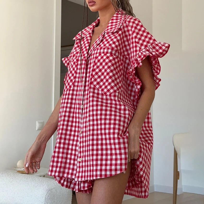 Linad Office Single-Breasted Shirts Elegant Plaid High Waist Shorts With Button Up Shirts 2 Piece Set Street Chic Outfits Summer