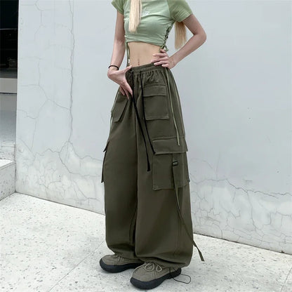 High Quality 2025 Cotton High Street Cargo Pants for Women Men with Ribbon High Waist Wide Leg Hip-hop Cool Dances Pants Ladies
