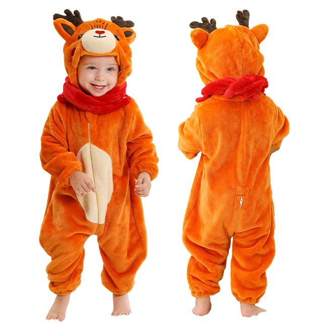 Baby Winter Rompers - Soft Polyester Hooded Jumpsuit With Animal Pattern, Machine Washable
