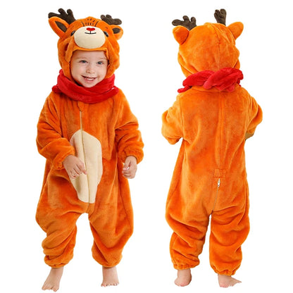 Baby Winter Rompers - Soft Polyester Hooded Jumpsuit With Animal Pattern, Machine Washable