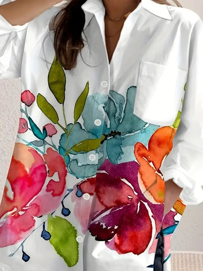 Women's Floral Print Long Sleeve Casual Shirt With Pockets, Polyester Button- Collar Shirt Suitable For All Seasons