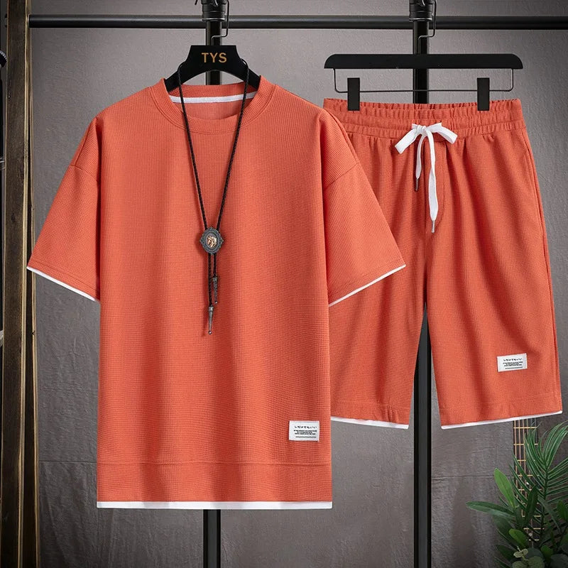 Summer Men's Waffle Sets Casual T-Shirt And Shorts Set Male Sports Suit Solid Color Tracksuit Loose Suits