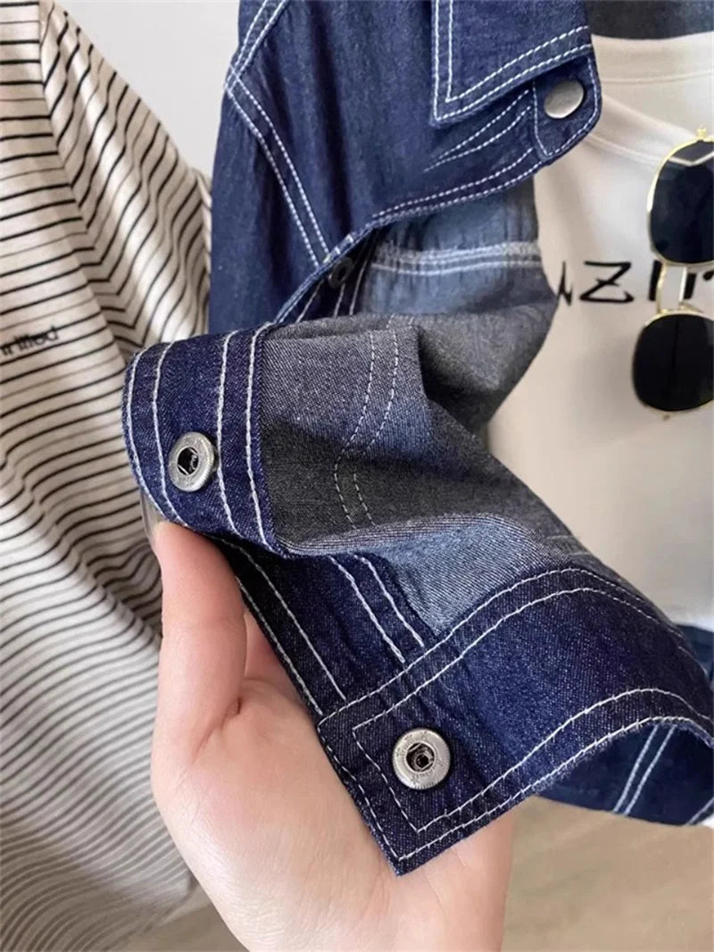 Deep Blue Retro Short Denim Shirts 2026 New Spring Summer Short Sleeved Loose Jeans Jacket Women Korean Versatile Outwear Tops