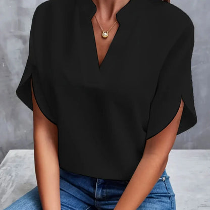 Women Elegant Solid V Neck Blouse Casual Short Sleeve Loose Shirt Summer Solid Tops Harajuku Office Ladt Chiffon Blouse 2026 New