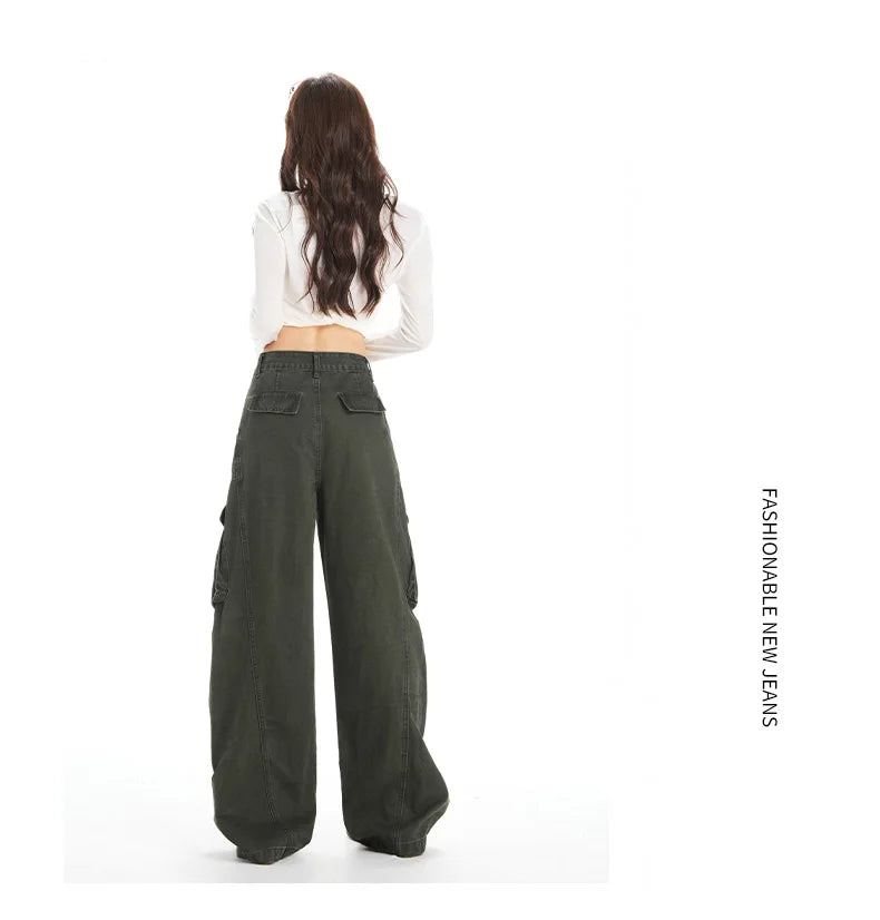 Retro Casual High Waisted Baggy Cargo Jeans Women Washed Distressed Wide Leg Pants Brown Denim Y2K Streetwear Vintage Trousers