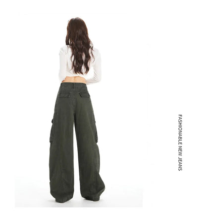 Retro Casual High Waisted Baggy Cargo Jeans Women Washed Distressed Wide Leg Pants Brown Denim Y2K Streetwear Vintage Trousers
