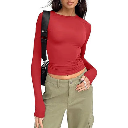 Women Slim Fit T-Shirt – Long Sleeve Crew Neck Crop Top | Casual Spring Summer Tee