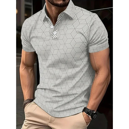 Men's Summer Polo Shirt - Black White Polka Dot Short Sleeve Casual Collar