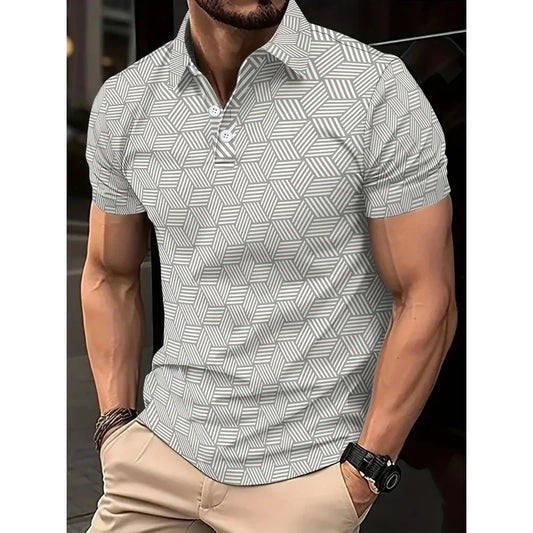 Men's Summer Polo Shirt - Black White Polka Dot Short Sleeve Casual Collar
