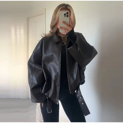 Vintage Leather Bomber Jacket – Women's PU Leather Zip Jacket With Belt & Patchwork Design