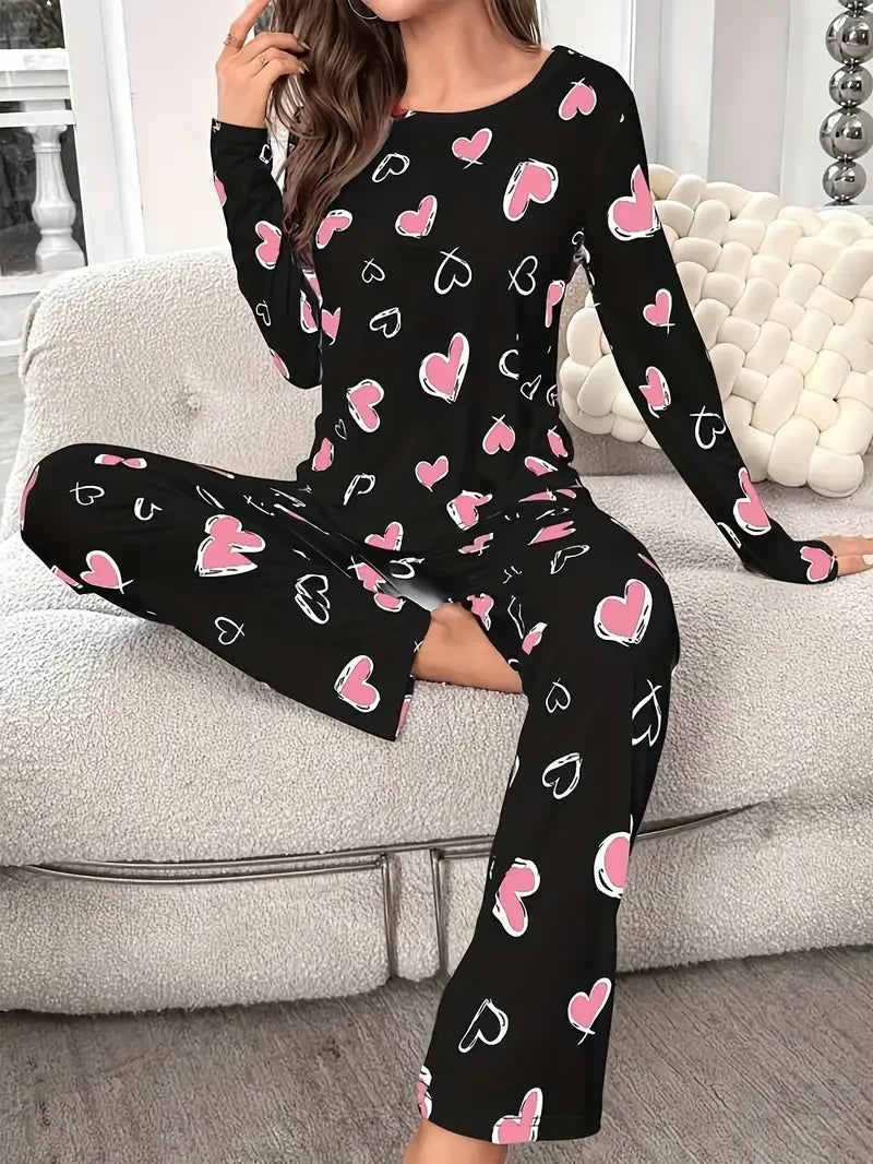 Women Autumn Winter Sleepwear Heart Print Knitted Round-Neck Loose Tops and Elastic Long Pants Pajama Set Loungewear