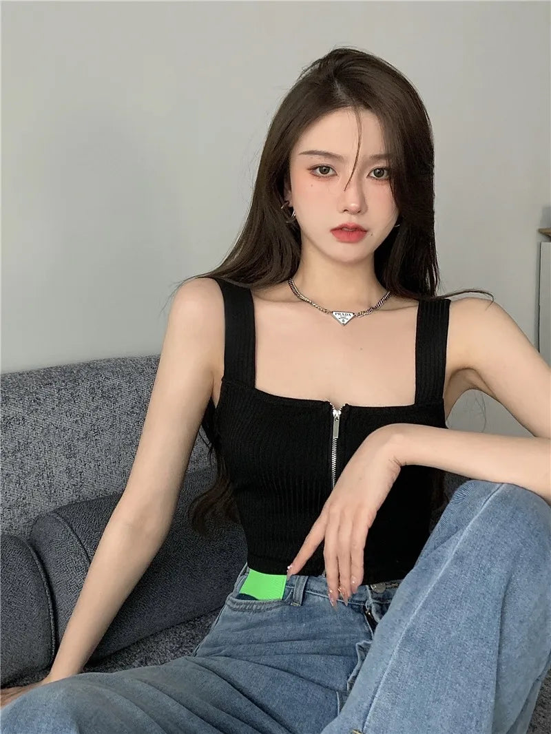 2025 Y2K Top Women Zipper Fly Camisoles Knitted Sexy Summer Tank Tops Sleeveless Female Solid Crop Top
