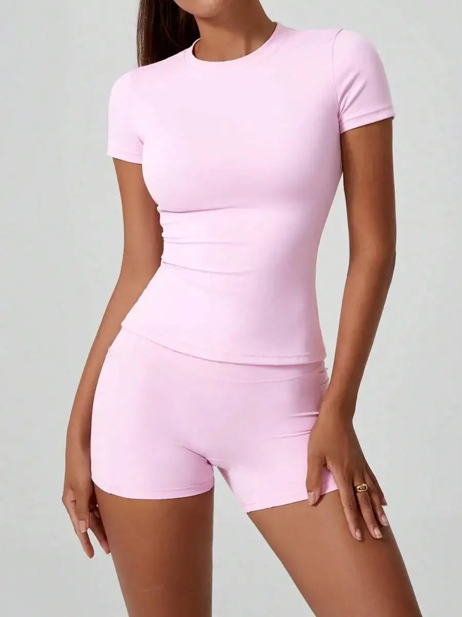 Women's Sweet Sports Short Sleeve High Waist Tummy Control Butt Lifting Shorts Set